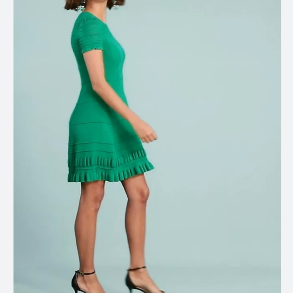 Anthropologie Maeve Knit Dress Women Smerald Green SzXS Ruffle Knit - Picture 2 of 13